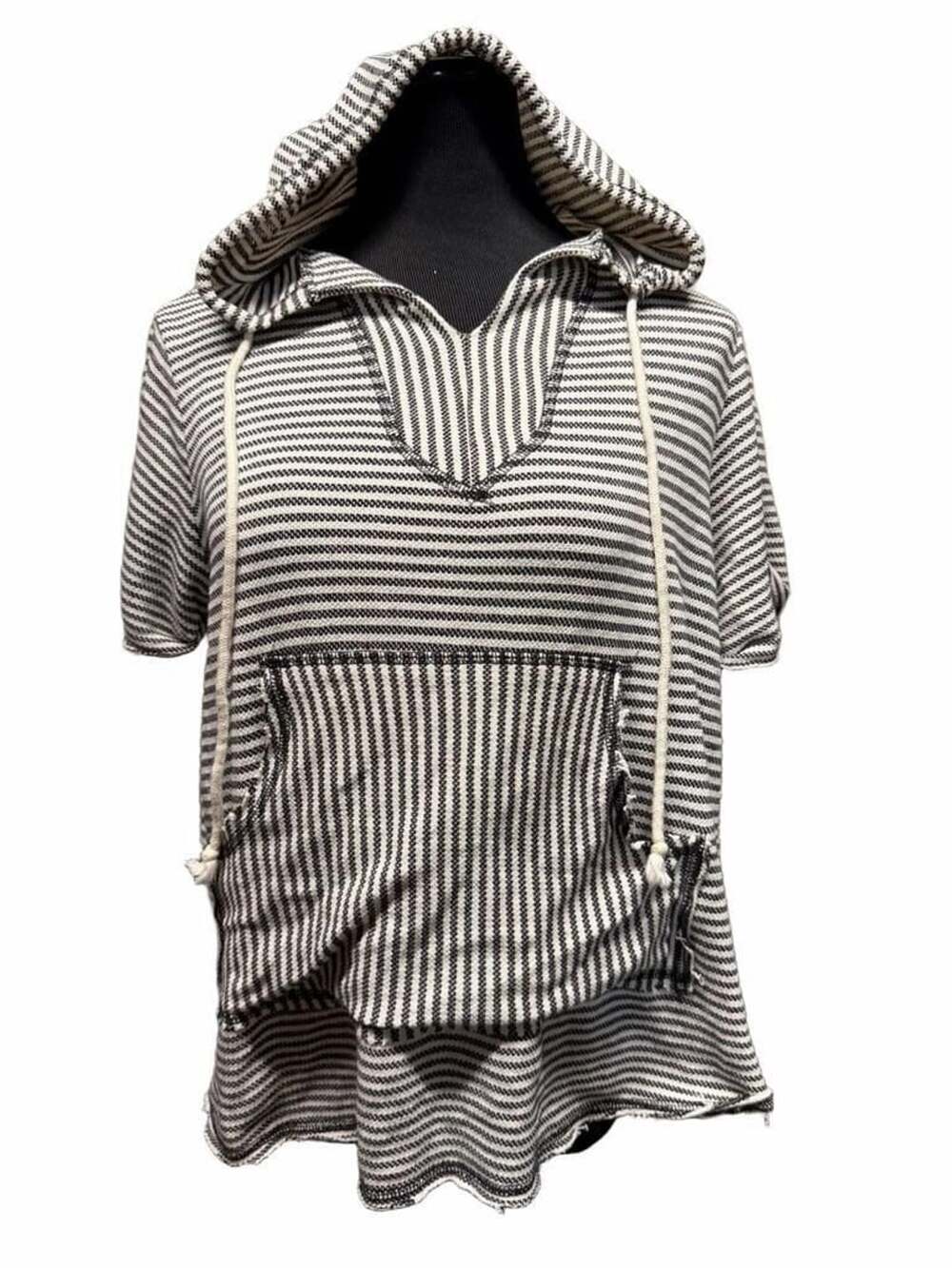 718 Ces Femme Striped Short Sleeve Hoodie with Kangaroo Pocket